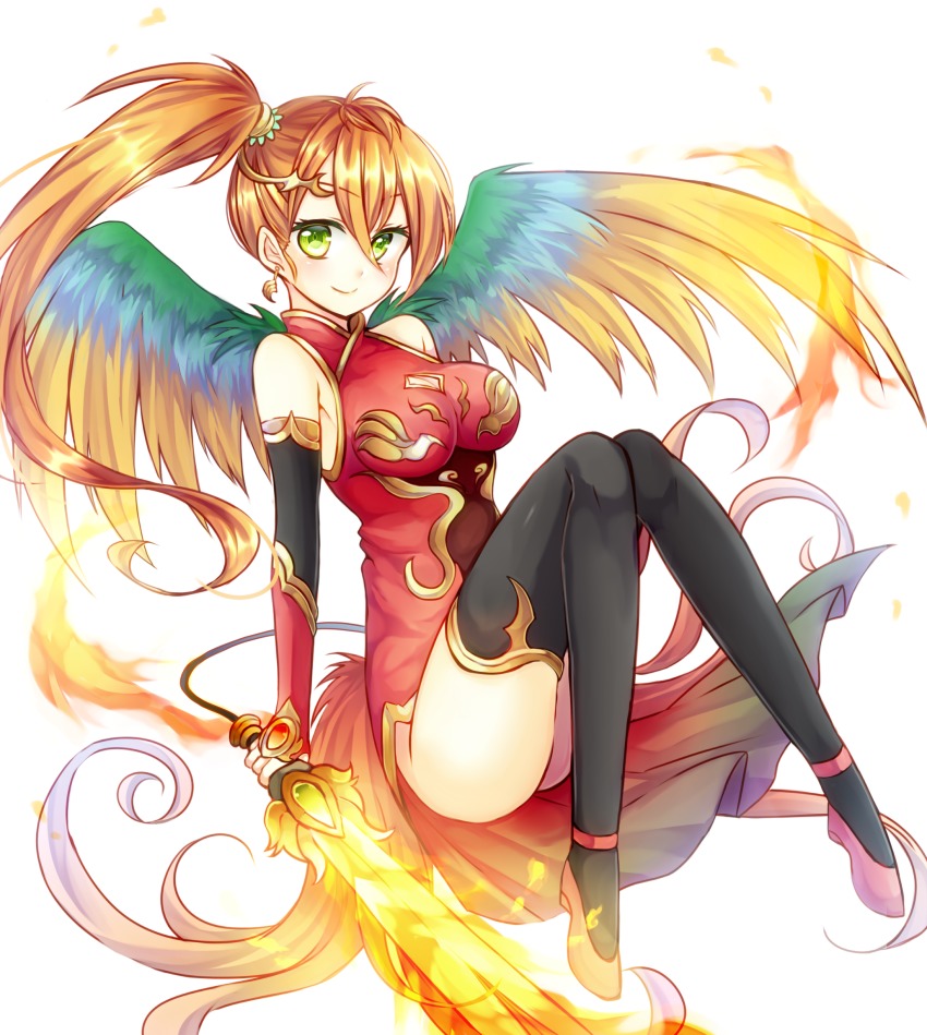 1girl, bird_wings, black_thighhighs, breasts, china_dress, chinese_clothes, cleavage_cutout, clothing_cutout