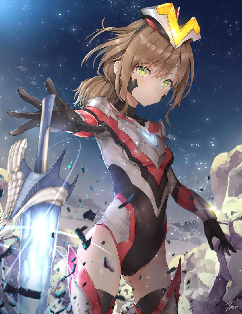 1girl, absurdres, black_gloves, black_leotard, black_thighhighs, blurry, boots, bracer, breasts, brown_hair, closed_mouth, cloud, commentary, covered_collarbone, cowboy_shot, debris, depth_of_field, expressionless, female_focus, floating_hair, foreshortening, genderswap, genderswap_(mtf), glint, gloves, glowing, glowing_sword, glowing_weapon, green_eyes, grey_leotard, hair_between_eyes, headgear, highres, humanization, legs_apart, leotard, light_particles, light_trail, long_hair, long_sleeves, looking_at_viewer, low_ponytail, motion_blur, night, outdoors, outstretched_arm, outstretched_hand, ponytail, reaching, reaching_towards_viewer, red_leotard, rock, shoulder_spikes, sidelocks, signature, sky, small_breasts, solo, spikes, standing, sword, taro_(ultrataro), thigh_boots, thighhighs, turtleneck, ultra_series, ultraman_ginga_(series), ultraman_ginga_s, ultraman_victory, weapon