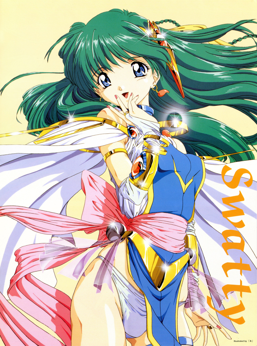 1990s_(style), 1girl, absurdres, arm_strap, artist_name, blue_eyes, bridal_gauntlets, can_can_bunny