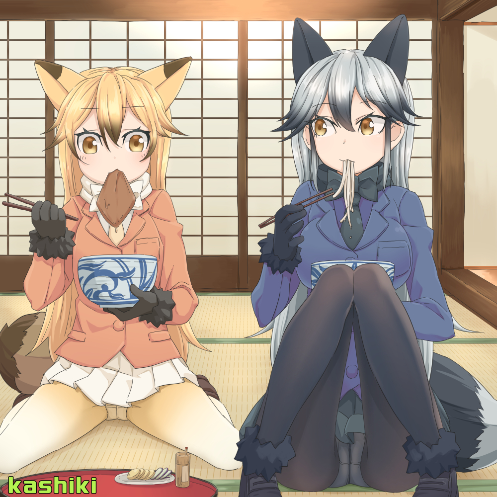 10s, 2girls, aburaage, animal_ears, bad_id, bad_pixiv_id, black_bow, black_footwear