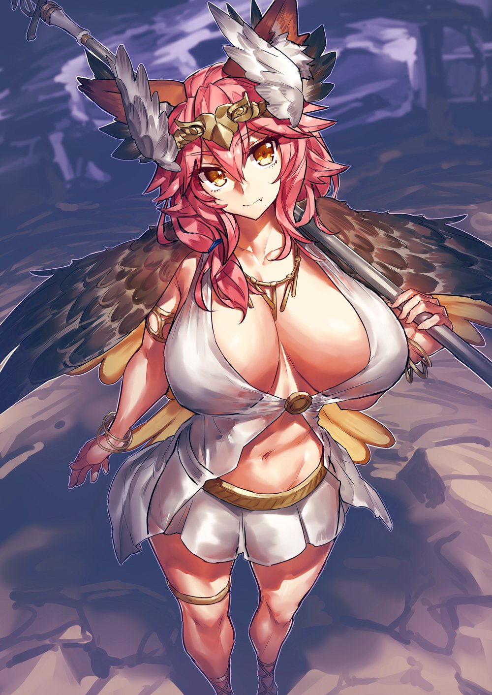 1girl, animal_ears, bracelet, breasts, circe_(fate), circe_(fate)_(cosplay), cleavage, cosplay, fang, fate/grand_order, fate_(series), female_focus, fox_ears, head_wings, highres, huge_breasts, jewelry, looking_at_viewer, melon22, navel, necklace, over_shoulder, pink_hair, solo, staff, standing, tamamo_no_mae_(fate), tamamo_no_mae_(swimsuit_lancer)_(fate), tiara, weapon, weapon_over_shoulder, wings, yellow_eyes