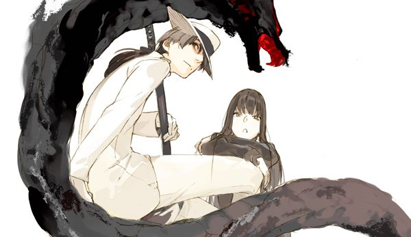 1boy, 1girl, arm_support, black_hair, closed_mouth, dragon, dual_persona, fate_(series)