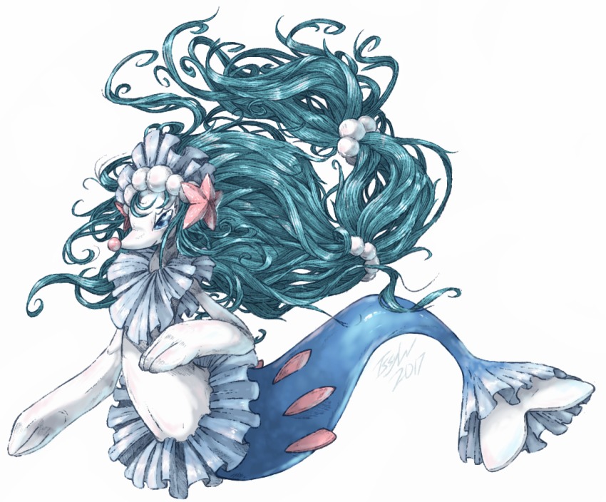blue_eyes, creature, etherealhaze, eyelashes, full_body, gen_7_pokemon, green_hair, long_hair, low-tied_long_hair, nintendo, pokemon, pokemon_(creature), pokemon_focus, primarina, seal_(animal), simple_background, solo, very_long_hair, white_background