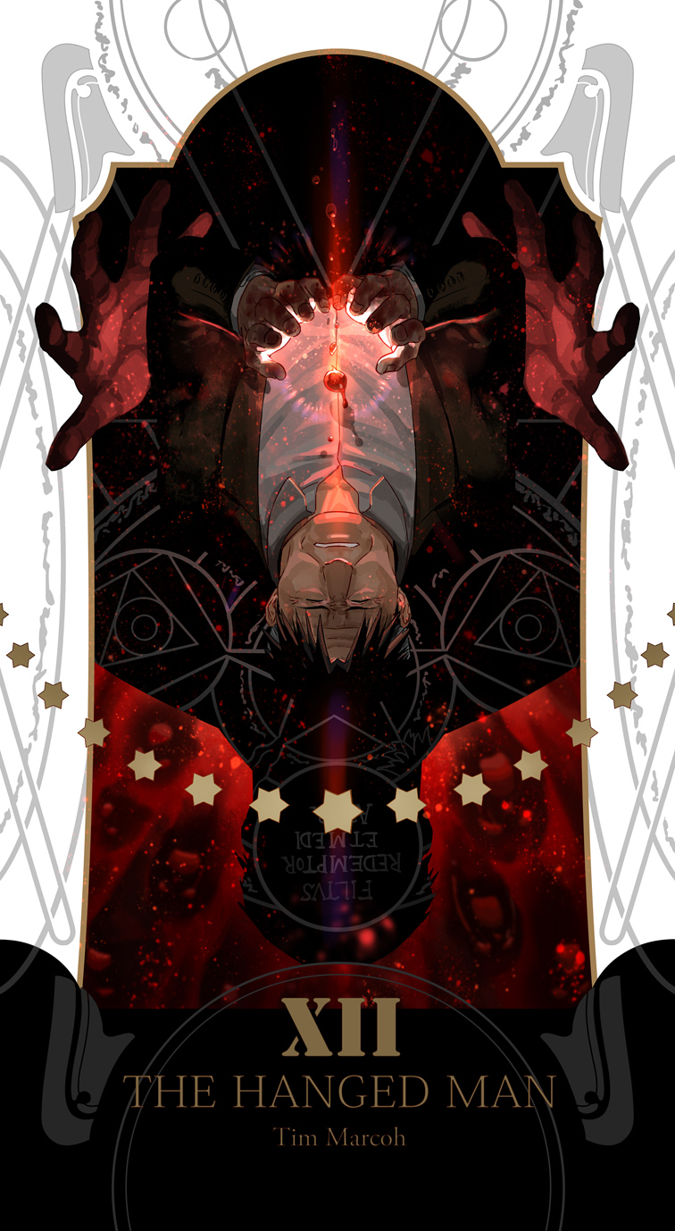 1boy, black_hair, black_jacket, card_(medium), character_name, closed_eyes, collared_shirt, cupping_hands