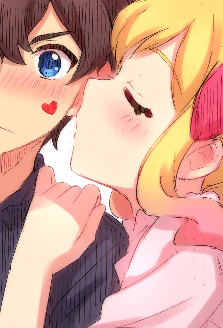 10s, 1boy, 1girl, aikatsu!_(series), aikatsu_stars!, blonde_hair, blue_eyes, blue_shirt