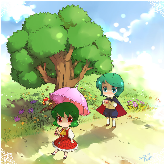 2girls, antennae, ascot, bad_id, bad_pixiv_id, blue_eyes, blush, cape