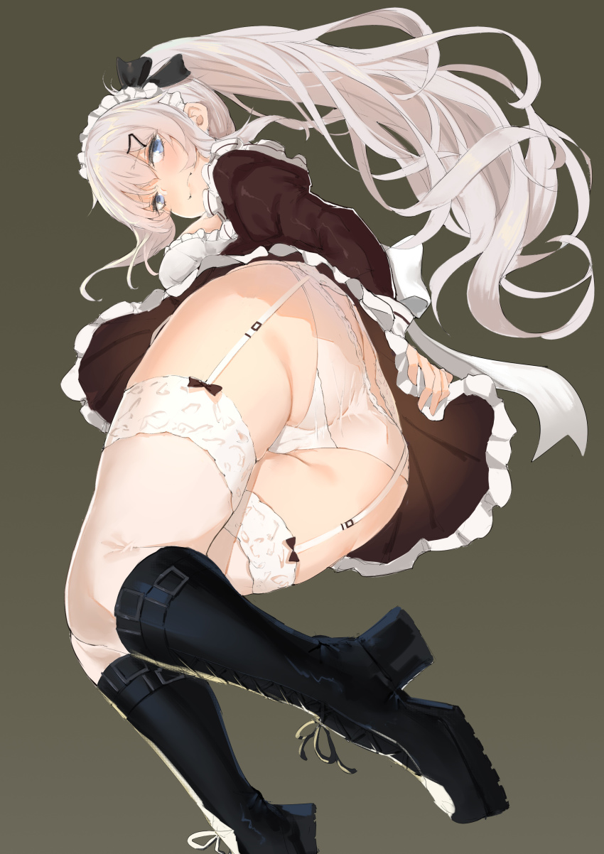 1girl, 9a-91_(bullets_cafe)_(girls'_frontline), 9a-91_(girls'_frontline), absurdres, ass, belt_boots, blue_eyes, blush, boots, closed_mouth, dress, foodtoyc, frilled_dress, frills, from_below, full_body, garter_straps, girls'_frontline, hair_between_eyes, hair_ornament, high_heel_boots, high_heels, highres, knee_boots, lace-up_boots, long_hair, looking_at_viewer, maid, maid_headdress, panties, silver_hair, simple_background, thighhighs, underwear, wedgie, white_panties