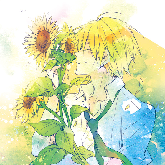 1boy, bad_id, bad_pixiv_id, blonde_hair, blue_background, blue_necktie, blush, closed_eyes