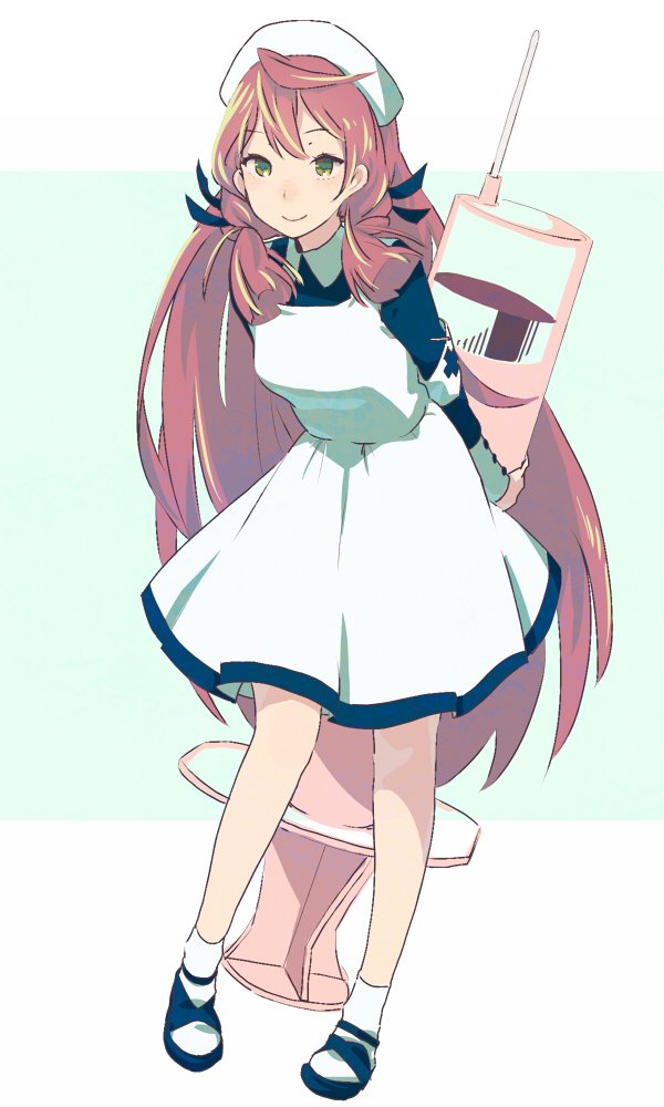 1girl, akashi_(kancolle), apron, blue_background, blue_dress, dress, female_focus, full_body