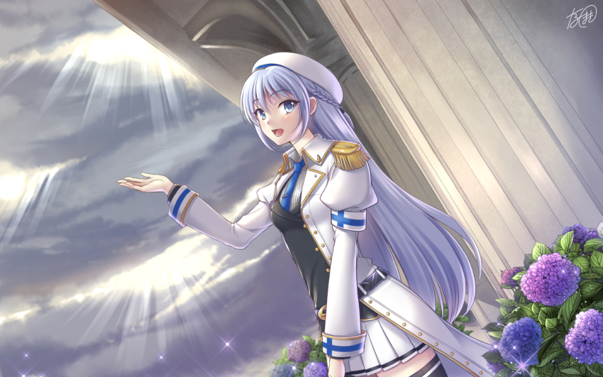 1girl, :d, blue_eyes, blue_hair, blue_neckwear, braid, cloudy_sky, crown_braid