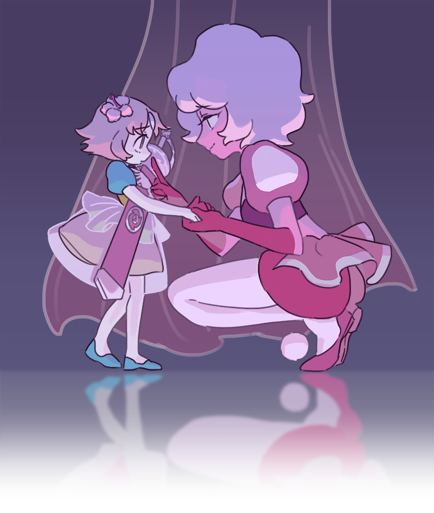 2girls, chuong, colored_skin, curtains, eye_contact, finger_to_another's_mouth, flower, hair_flower, hair_ornament, holding_hands, kneeling, looking_at_another, multiple_girls, pale_skin, pantyhose, pearl_(steven_universe), pink_diamond_(steven_universe), pink_hair, pink_skin, scabbard, sheath, short_hair, size_difference, smile, spoilers, steven_universe, sword, weapon