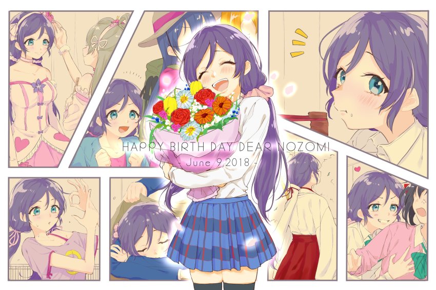 5girls, ^_^, azuma_(no488888), backpack, bag, blue_eyes, blue_flower, blue_jacket