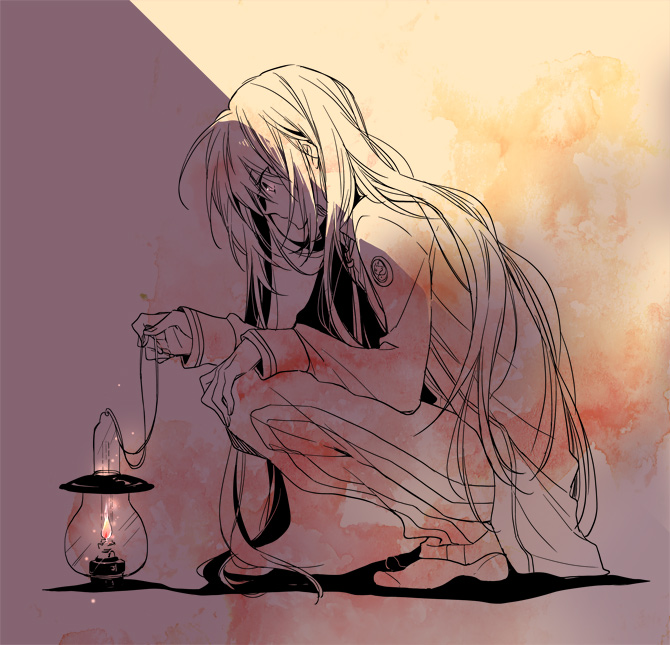 10s, bad_id, bad_pixiv_id, fire, hair_down, hand_on_own_knee, holding, holding_lantern