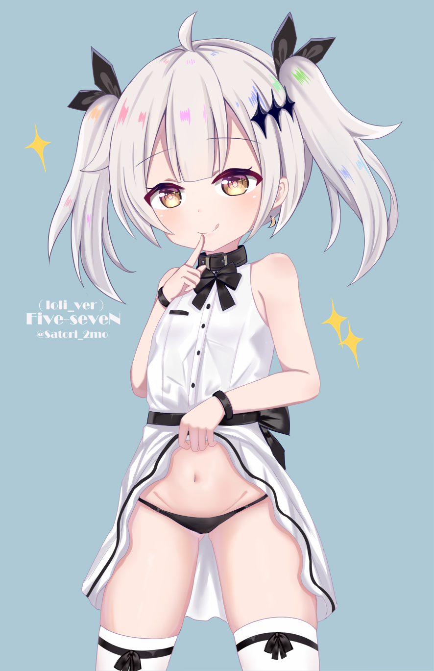 1girl, :q, aged_down, ahoge, bare_shoulders, black_bow, black_panties, black_ribbon