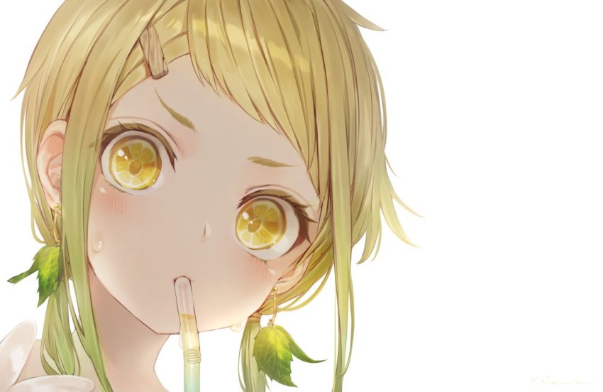 1girl, bendy_straw, blonde_hair, blush, drinking_straw, earrings, female_focus, food, fruit, fruit_eyes, gradient_hair, green_hair, hair_ornament, hair_tie, hairclip, head_tilt, jewelry, leaf_earrings, lemon, lemon_slice, lemonade, looking_at_viewer, low_twintails, mouth_hold, multicolored_hair, original, parted_bangs, portrait, ryota_(ry_o_ta), short_hair, sidelocks, simple_background, solo, sweat, symbol-shaped_pupils, twintails, white_background, wood, yellow_eyes