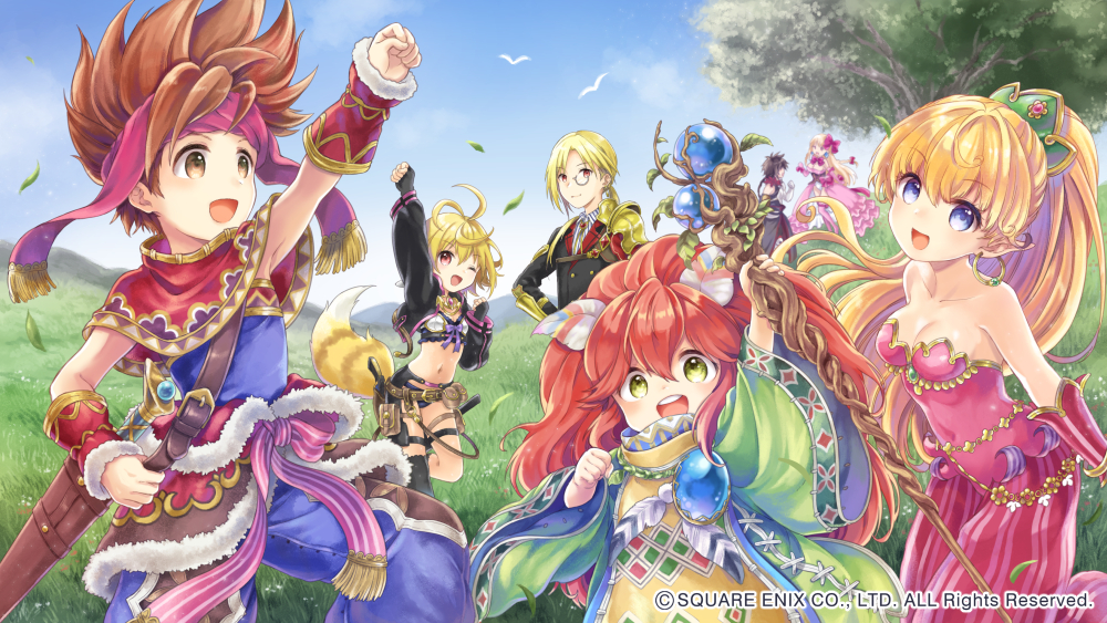 1other, 3boys, 3girls, :d, ;d, antenna_hair, arm_up, armor, bad_id, bad_pixiv_id, bare_shoulders, blonde_hair, bow, breasts, capelet, cleavage, clenched_hand, commentary_request, cropped_jacket, crossover, day, dress, fugou_arthur, gauntlets, grass, hair_bow, harem_pants, holding, holding_staff, jacket, kai-ri-sei_million_arthur, konayama_kata, long_hair, low_ponytail, midriff, million_arthur_(series), monocle, multiple_boys, multiple_girls, nature, navel, official_art, one_eye_closed, open_clothes, open_jacket, open_mouth, pants, pauldrons, pink_dress, ponytail, popoi_(seiken_densetsu_2), primm_(seiken_densetsu_2), purple_bow, purple_eyes, purple_ribbon, randi_(seiken_densetsu_2), ribbon, seiken_densetsu, seiken_densetsu_2, shoulder_armor, single_pauldron, sky, smile, spiked_hair, staff, tail, touzoku_arthur, tree, utahime_arthur, very_long_hair, youhei_arthur