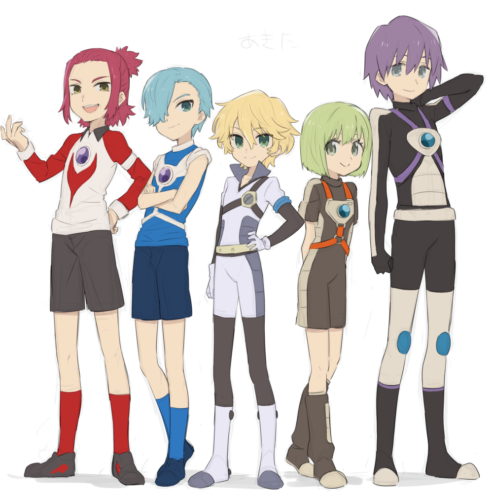 10s, 1girl, 4boys, alternate_costume, arm_behind_head, arms_behind_back, blonde_hair, blue_footwear
