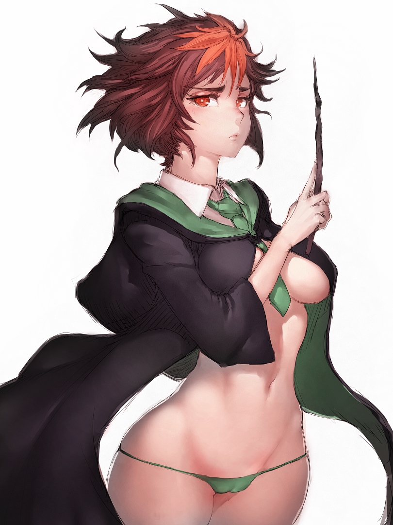 1girl, bikini, breasts, brown_hair, cameltoe, female_focus, fumio_(rsqkr), green_bikini, harry_potter:_hogwarts_mystery, harry_potter_(series), hip_focus, hogwarts_school_uniform, leaf, looking_at_viewer, medium_breasts, merula_snyde, multicolored_hair, necktie, orange_hair, red_eyes, school_uniform, short_hair, solo, swimsuit, thick_eyebrows, thighs, underboob, wand, white_background, wide_hips, wizarding_world