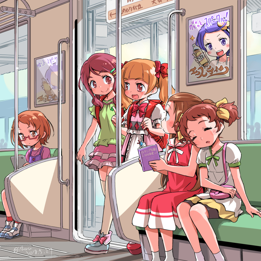 10s, 6+girls, aisaki_emiru, backpack, bag, bike_shorts, blush, bottle, bow, bowtie, brown_eyes, brown_hair, commentary, dated, dokidoki!_precure, dress, footwear_bow, forehead, frilled_skirt, frilled_sleeves, frills, glasses, green_shirt, hair_bow, handbag, head_tilt, highres, holding, holding_bottle, hugtto!_precure, in-franchise_crossover, isedaichi_ken, kenzaki_makoto, leaning_on_person, long_hair, looking_at_another, madoka_aguri, miniskirt, morimoto_eru, multiple_girls, nono_kotori, orange_hair, overalls, pink_skirt, poster_(object), precure, purple_hair, randoseru, reading, red-framed_eyewear, red_bow, red_dress, red_eyes, red_hair, red_neckwear, seat, shirabe_ako, shirt, shoes, short_hair, short_sleeves, side-by-side, signature, sitting, skirt, sleeping, sleeping_on_person, sleeveless, slice_of_life, suite_precure, tablet_pc, thick_eyebrows, thighhighs, train_interior, trait_connection, twintails, white_legwear, white_shirt, yellow_skirt, zettai_ryouiki