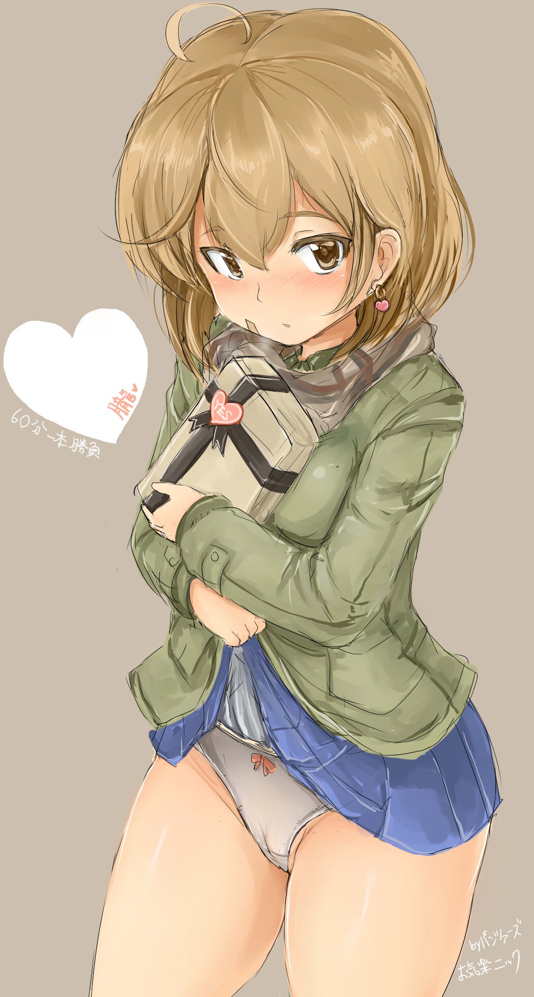 1girl, ahoge, blue_skirt, blush, box, brown_eyes, brown_hair, closed_mouth, clothes_lift, earrings, female_focus, gift, gift_box, green_jacket, grey_background, hair_between_eyes, heart, highres, jacket, jewelry, kantai_collection, lifting_own_clothes, looking_at_viewer, medium_hair, miniskirt, oboro_(kancolle), oboro_(valentine)_(kancolle), okiraku_nikku, one-hour_drawing_challenge, panties, simple_background, skirt, skirt_lift, solo, twitter_username, underwear, white_panties