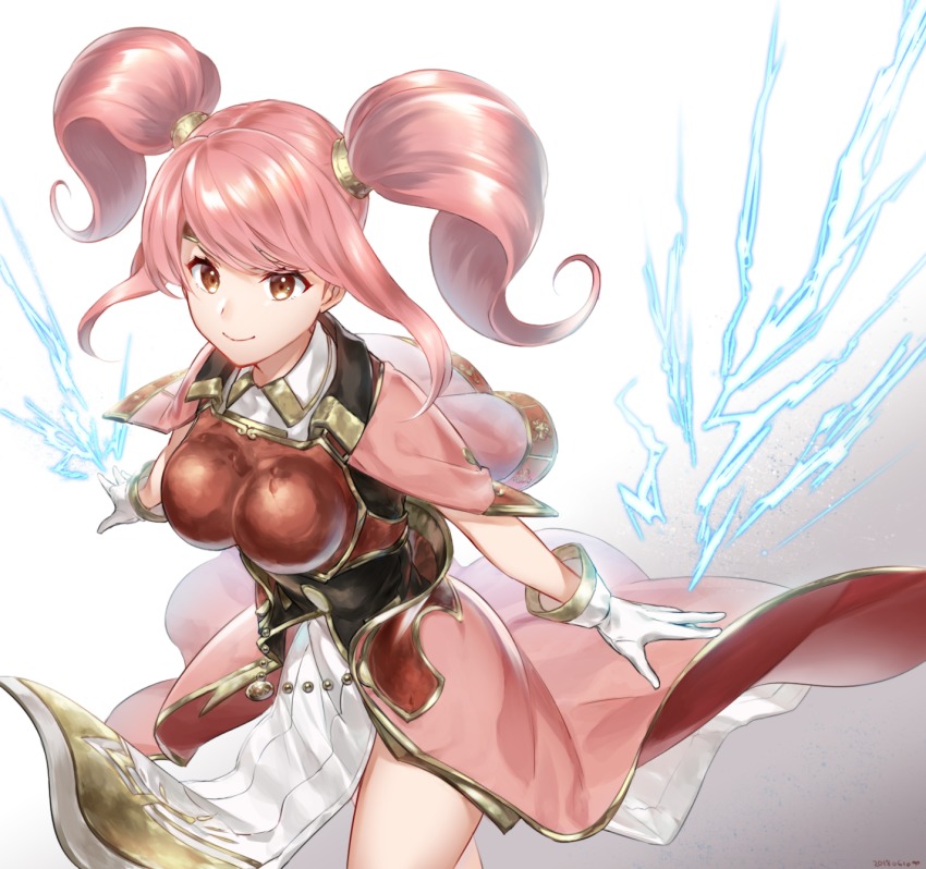 1girl, armor, boobplate, breastplate, cape, circlet, female_focus, fire_emblem, fire_emblem_echoes:_shadows_of_valentia, futabaaf, gloves, highres, long_hair, looking_at_viewer, mae_(fire_emblem), nintendo, open_mouth, pink_hair, red_eyes, simple_background, smile, solo, twintails