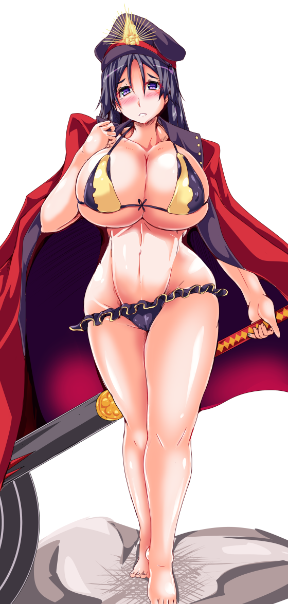 1girl, bikini, blush, breasts, cosplay, curvy, fate/grand_order, fate_(series), huge_breasts, katana, long_hair, looking_at_viewer, low-tied_long_hair, minamoto_no_raikou_(fate), misakana, oda_nobunaga_(fate), oda_nobunaga_(koha-ace), oda_nobunaga_(swimsuit_berserker)_(fate), oda_nobunaga_(swimsuit_berserker)_(fate)_(cosplay), oda_nobunaga_(swimsuit_berserker)_(second_ascension)_(fate), over_shoulder, parted_bangs, purple_eyes, purple_hair, swimsuit, sword, very_long_hair, weapon