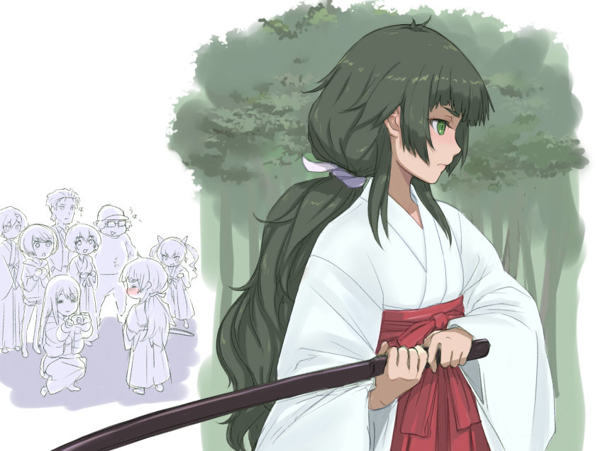 3boys, 5girls, akiha_rumiho, alternate_hairstyle, blush, camera, embarrassed, green_eyes, green_hair, hakama, hakama_skirt, hashida_itaru, highres, hiyajou_maho, holding, holding_sword, holding_weapon, japanese_clothes, kimono, kurushima_kaede, long_hair, long_sleeves, looking_to_the_side, low_ponytail, menomorute, miko, multiple_boys, multiple_girls, nakase_katsumi, okabe_rintarou, ponytail, science_adventure, shiina_mayuri, simple_background, skirt, solo_focus, steins;gate, steins;gate_0, sword, taking_picture, tree, urushibara_luka, very_long_hair, weapon, white_background, wide_sleeves