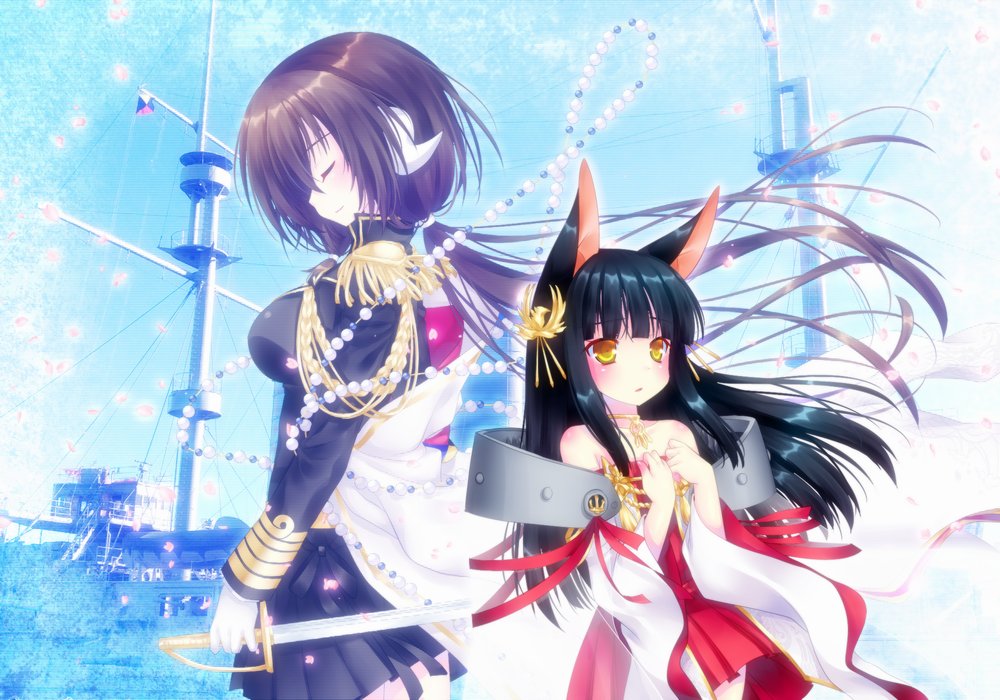 2girls, animal_ears, azur_lane, bad_id, bad_twitter_id, bare_shoulders, beads, black_hair