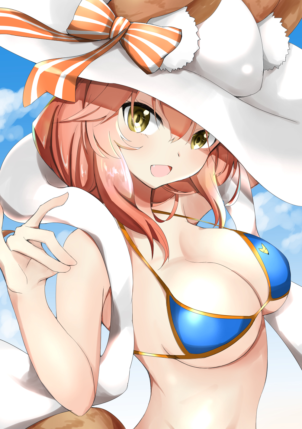 1girl, animal_ear_fluff, animal_ears, bikini, blue_bikini, blush, breasts, cleavage