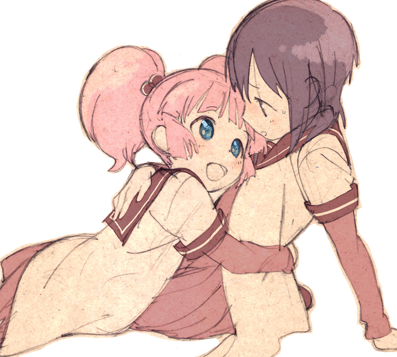 2girls, :d, arm_support, black_hair, blue_eyes, blunt_bangs, dot_nose, dress