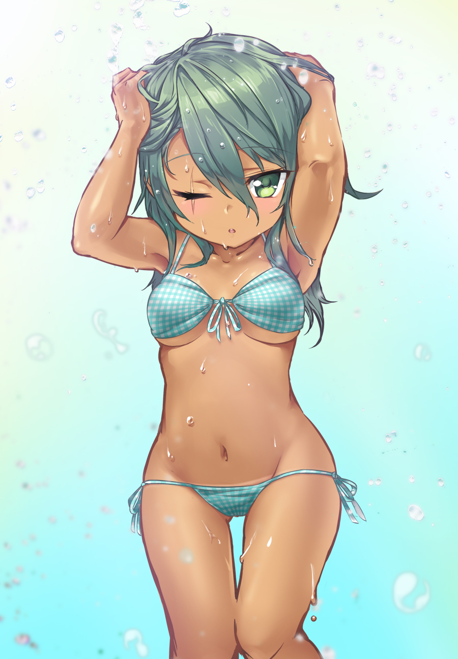 1girl, bikini, blue_background, blue_bikini, cheese_(cheese_koubou), cowboy_shot, female_focus, front-tie_top
