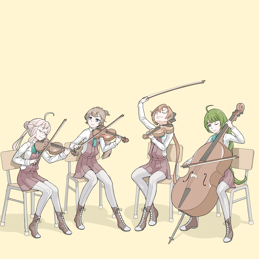 4girls, ahoge, akigumo_(kancolle), ascot, black_bow, blue_ascot, blue_eyes, blunt_bangs, boots, bow, bow_(music), brown_hair, cello, chair, closed_eyes, green_hair, grey_legwear, hair_bow, hair_bun, instrument, kantai_collection, kazagumo_(kancolle), kito_3_tyoki-tyoki, lace-up_boots, long_hair, long_sleeves, looking_at_another, makigumo_(kancolle), mole, mole_under_mouth, multiple_girls, music, one_eye_closed, orange_background, pantyhose, pink_hair, playing_instrument, pleated_skirt, ponytail, school_uniform, shirt, single_hair_bun, sitting, skirt, smile, smug, string_quartet, very_long_hair, viola_(instrument), violin, white_shirt, yuugumo_(kancolle)