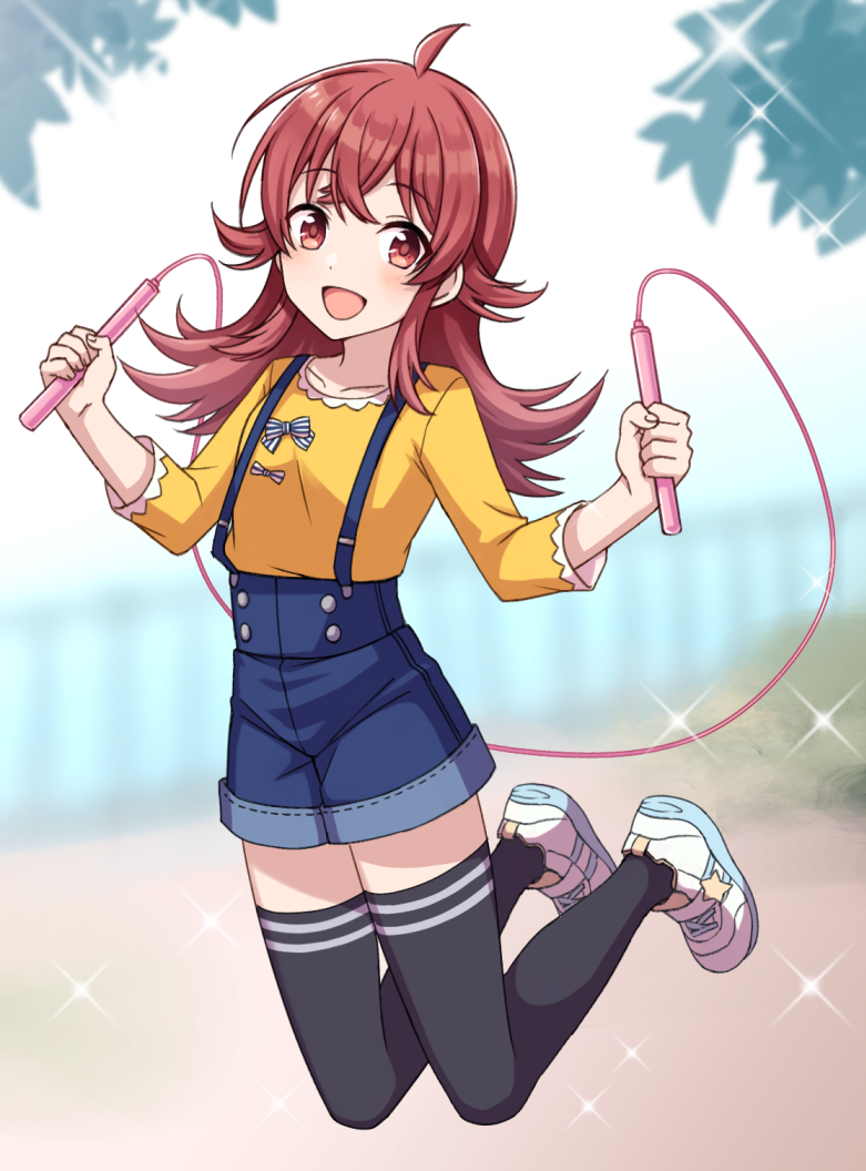 1girl, 23nanato, :d, black_thighhighs, blue_shorts, bow, day, denim