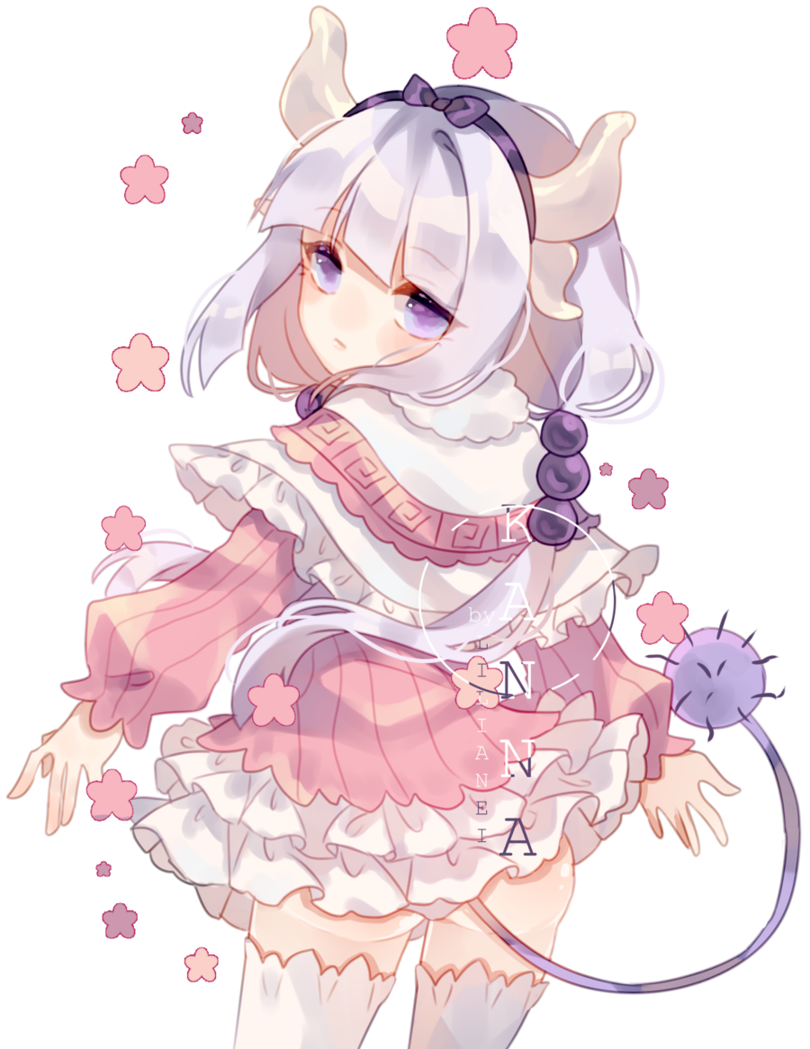 1girl, ass, blue_eyes, bow, cowboy_shot, dragon, female_focus, frills, hair_bow, hairband, horns, kanna_kamui, kobayashi-san_chi_no_maidragon, lilianei, long_hair, long_sleeves, looking_back, solo, tail, thighhighs, thighs, twintails, upper_body, white_hair, zettai_ryouiki