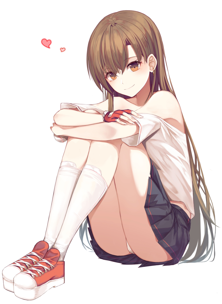 1girl, absurdres, ball, bare_shoulders, black_skirt, brown_eyes, brown_hair, earrings