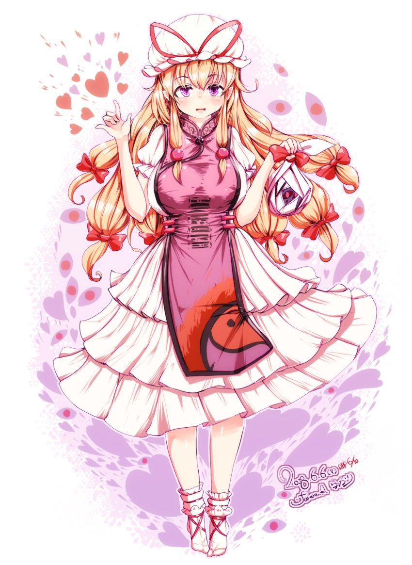 1girl, ankle_ribbon, arms_up, artist_name, blonde_hair, blush_stickers, bootie, breasts