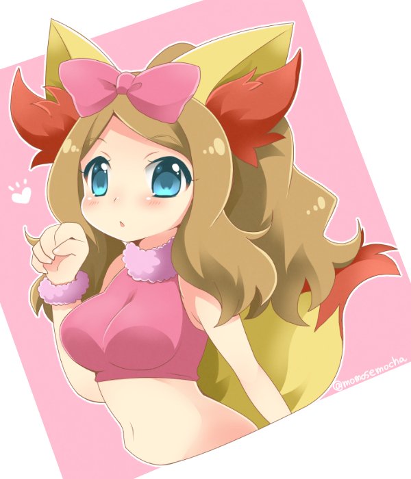 1girl, breasts, cosplay, crop_top, curvy, female_focus, fennekin_(cosplay), long_hair