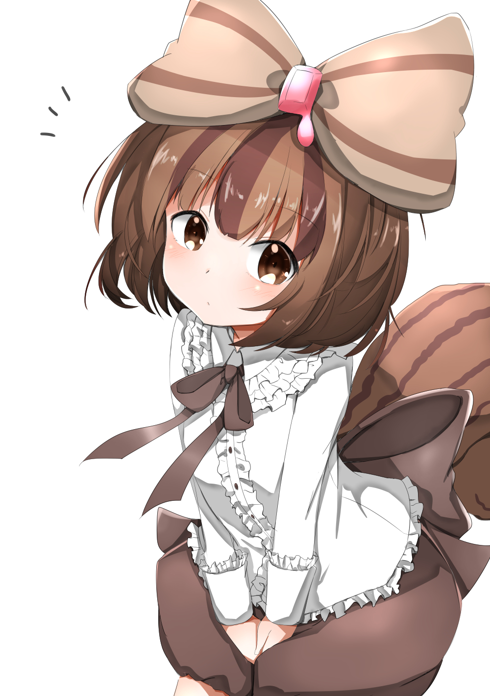 1girl, between_legs, black_ribbon, blush, bow, brown_eyes, brown_hair, chokiyurui_(show_by_rock!!)