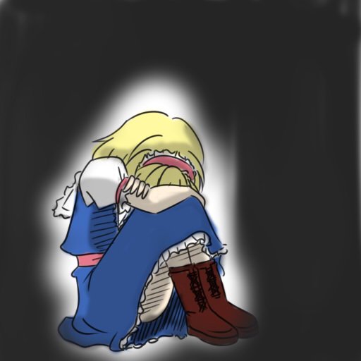 1girl, alice_margatroid, blonde_hair, boots, female_focus, hairband, lonely, sad