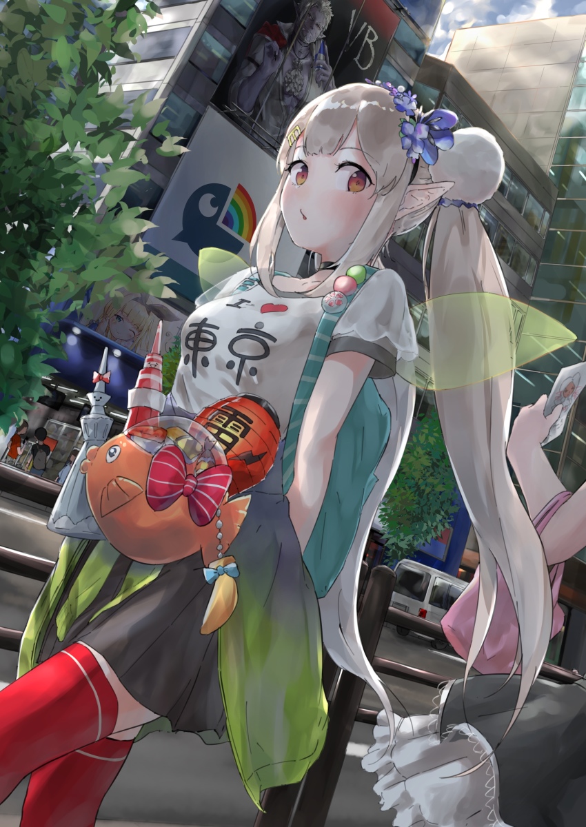 3girls, 4boys, absurdres, black_choker, blonde_hair, blue_eyes, blush, building