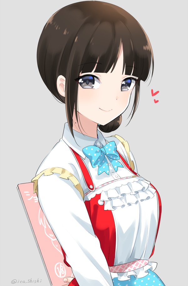 1girl, blue_bow, blue_bowtie, blunt_bangs, bow, bowtie, brown_hair, collared_shirt