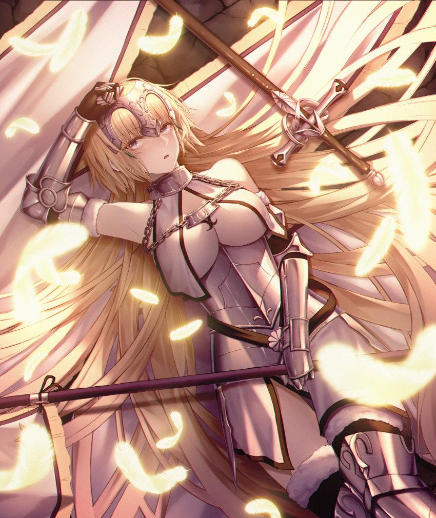 1girl, absurdly_long_hair, arm_up, armor, armored_boots, armored_dress, banner, black_thighhighs