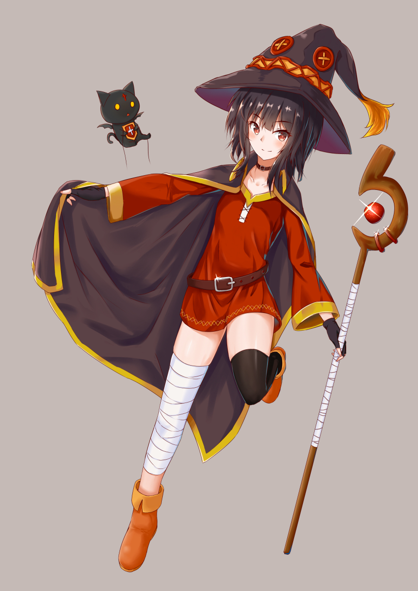 1girl, absurdres, asymmetrical_legwear, bandages, belt, black_cape, black_gloves, black_hair