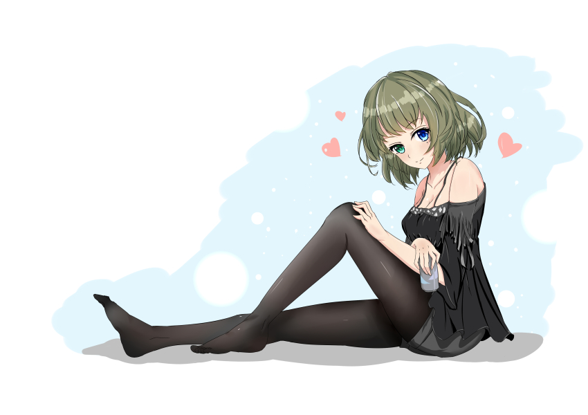 1girl, absurdres, black_pantyhose, black_shirt, blue_eyes, blush, breasts, can