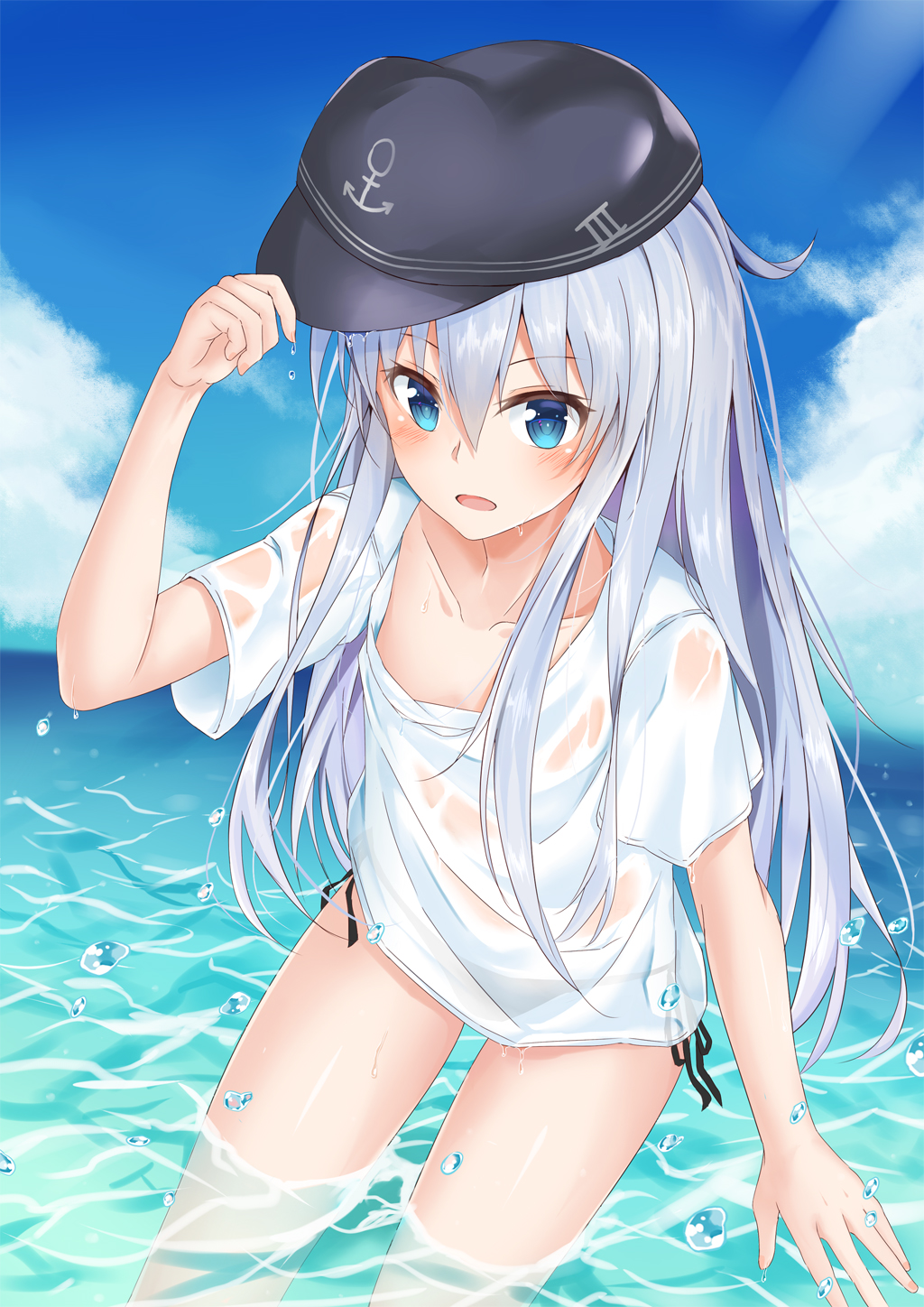 1girl, anchor_print, bikini, bikini_bottom_only, black_bikini, black_hat, blue_eyes, blue_sky
