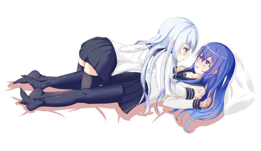 2girls, akatsuki_(kancolle), black_legwear, black_skirt, blonde_hair, blue_eyes, collarbone, eye_contact, full_body, hair_between_eyes, hands_on_another's_shoulders, hibiki_(kancolle), highres, jyl_(tiankonghuayin), kantai_collection, long_hair, looking_at_another, lying, miniskirt, multiple_girls, on_back, pantyhose, pink_eyes, pleated_skirt, school_uniform, serafuku, shirt, silver_hair, simple_background, skirt, thighhighs, white_background, white_shirt, yuri, zettai_ryouiki