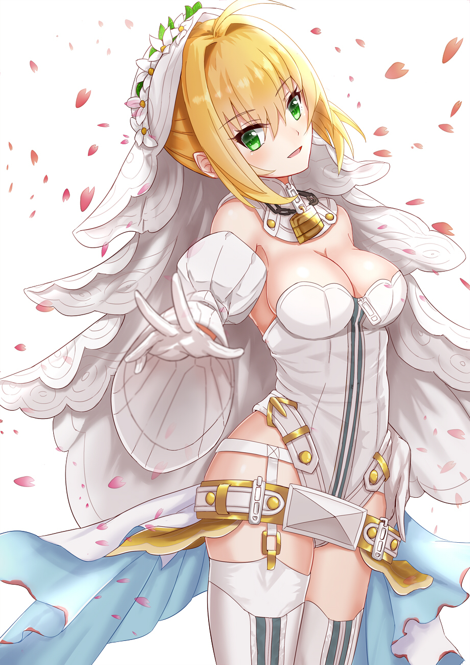 10s, 1girl, :d, ahoge, belt, blonde_hair, breasts, bridal_veil, choker, cleavage, cowboy_shot, detached_sleeves, fate/extra, fate/extra_ccc, fate_(series), female_focus, flower, garter_belt, gloves, green_eyes, hair_between_eyes, hair_flower, hair_intakes, hair_ornament, head_tilt, head_wreath, highres, jyl_(tiankonghuayin), leotard, long_hair, medium_breasts, nero_claudius_(bride)_(fate), nero_claudius_(bride)_(second_ascension)_(fate), nero_claudius_(fate), open_mouth, petals, short_hair, sidelocks, smile, solo, standing, strapless, strapless_leotard, thighhighs, veil, white_background, white_flower, white_gloves, white_leotard, white_thighhighs