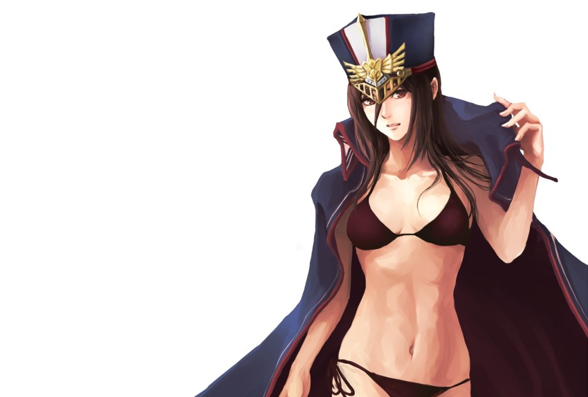 1girl, bikini, black_bikini, bra, breasts, cape, female_focus, hat, long_hair, looking_at_viewer, military, military_hat, monolith_soft, morag_ladair_(xenoblade), navel, nintendo, panties, simple_background, solo, swimsuit, underwear, white_background, xeno_(series), xenoblade_chronicles_(series), xenoblade_chronicles_2, yuuta_(ruin0811)