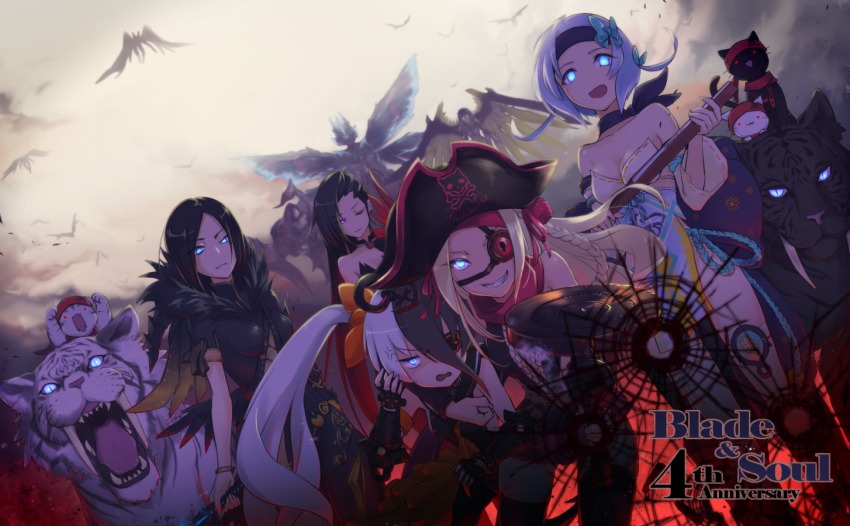 6+girls, anger_vein, annoyed, bare_shoulders, bikini, bikini_top_only, black_dress, black_gloves, black_hair, black_legwear, blade_&amp;_soul, blonde_hair, blue_eyes, braid, broken_glass, bullet_hole, cat, character_request, detached_sleeves, dress, eyepatch, fangs, fingerless_gloves, flying, gauntlets, glass, gloves, glowing, glowing_eyes, grin, gun, hat, hug, leaning_forward, leotard, long_hair, monster, multicolored_hair, multiple_girls, one_eye_closed, open_mouth, orenji-peel000, pantyhose, pelvic_curtain, pirate_hat, pohwaran, purple_eyes, red_eyes, short_hair, smile, swimsuit, tiger, twintails, two-tone_hair, weapon, white_hair, wings