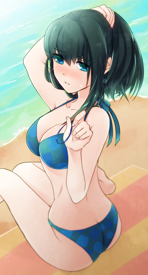 1girl, ass, barefoot, bikini, black_hair, blue_bikini, blue_eyes, blush